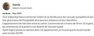 Tout d'abord je tiens à remercier Cédric et sa famille pour leur accueil, sympathie et leur très grand sens de l'hospitalité ainsi que leur présence et leur discrétion. L'appartement est très bien situé au calme. L'autoroute est à moins de 10 mn. Et la gare, les commerces et la poste à une dizaine de minutes à pied. Ayant logé à plusieurs reprises dans cet appartement, je ne puis que le recommandé avec la note 10/10!!!