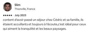 Ravi du séjour chez Cédric et sa famille, accueillants et à l'écoute. Idéal pour la tranquillité et les paysages.
