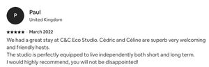 Nous avons passé un excellent séjour au C&C Eco Studio. Cédric et Céline sont des hôtes superbes, très accueillants et sympathiques. Le studio est parfaitement équipé pour vivre en toute indépendance, à court ou à long terme. Je recommande vivement, vous ne serez pas déçus !
