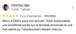 Merci a Cedric pour son accueil. Nous avons passé une excellente soirée sur la terrasse annoncée et une nuit calme sur l'emplacement devant chez lui.