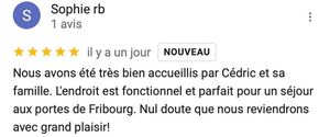 Nous avons été très bien accueillis par Cédric et sa famille. L'endroit est fonctionnel et parfait pour un séjour aux portes de Fribourg. C'est sûr que nous reviendrons avec grand plaisir!