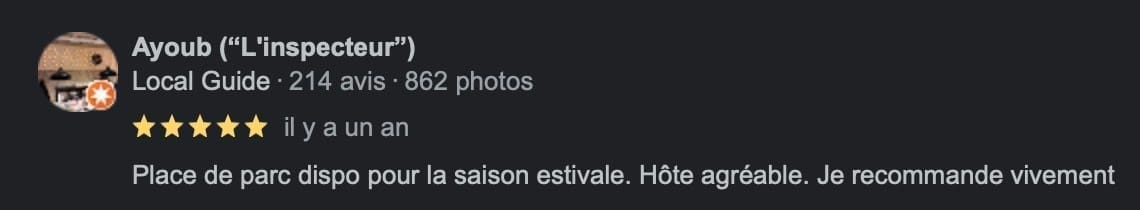 Place de parc dispo pour la saison estivale. Hôte agréable. Je recommande vivement