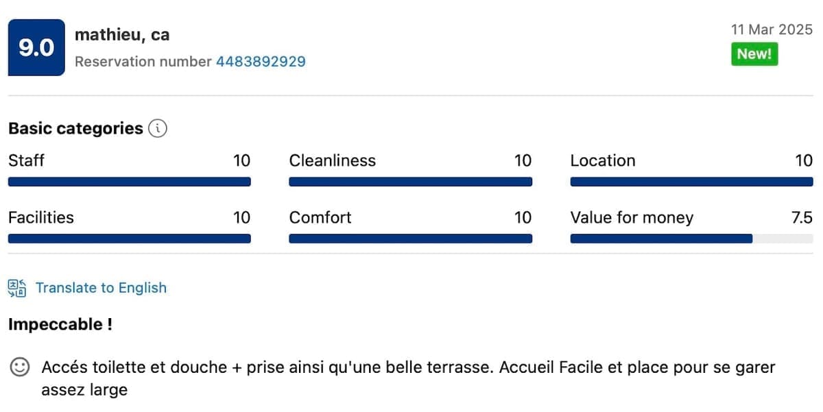 Impeccable ! Accés toilette et douche + prise ainsi qu'une belle terrasse. Accueil Facile et place pour se garer assez large.